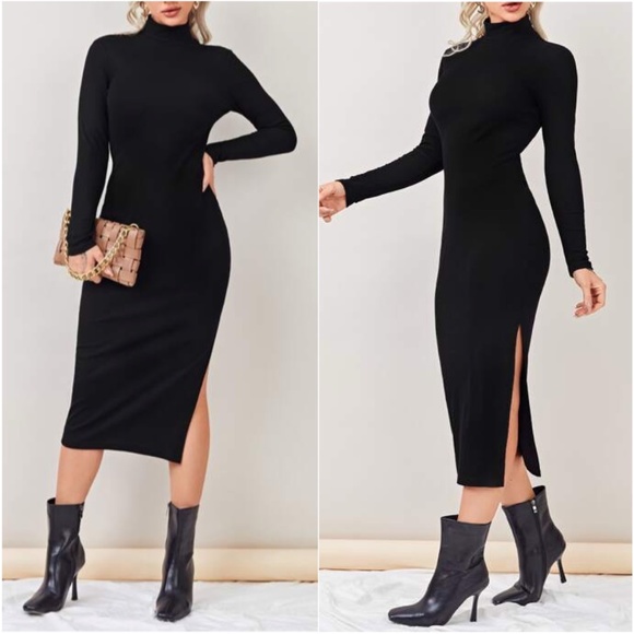 BellanBlue Dresses & Skirts - Black Mock Neck Bodycon Fitted Slit Midi Dress